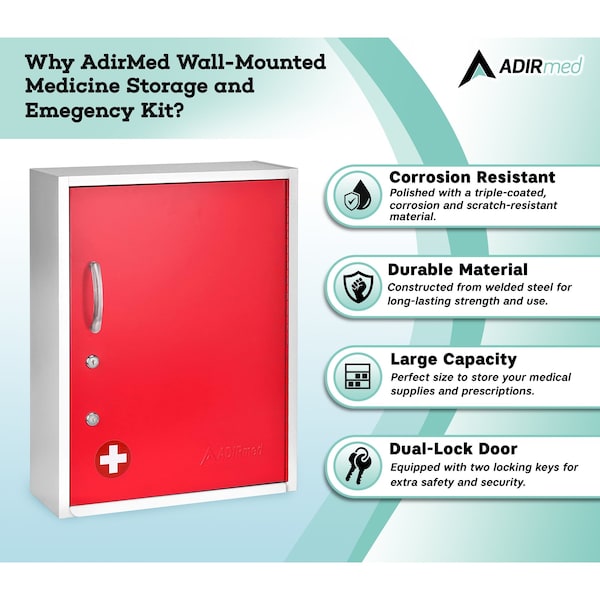 Adiroffice Dual Lock Wall-Mount Medication Security Cabinet in Red with Pull-Out Shelf ADI999-06-RED-MK - main